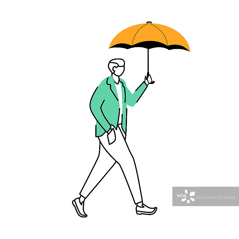 男子在夹克平面轮廓矢量插图。多雨的天气。秋天雨天。男性与伞孤立的卡通轮廓人物在白色背景。行走的人简单绘图图片素材