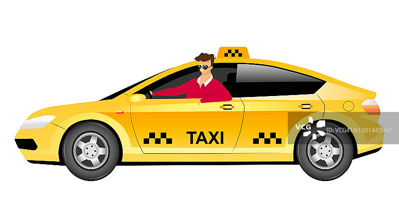 出租车司机在车平色向量中没有面孔特征。微笑的男子坐在黄色轿车孤立卡通插图
用于网页平面设计和动画。出租车送货服务图片素材