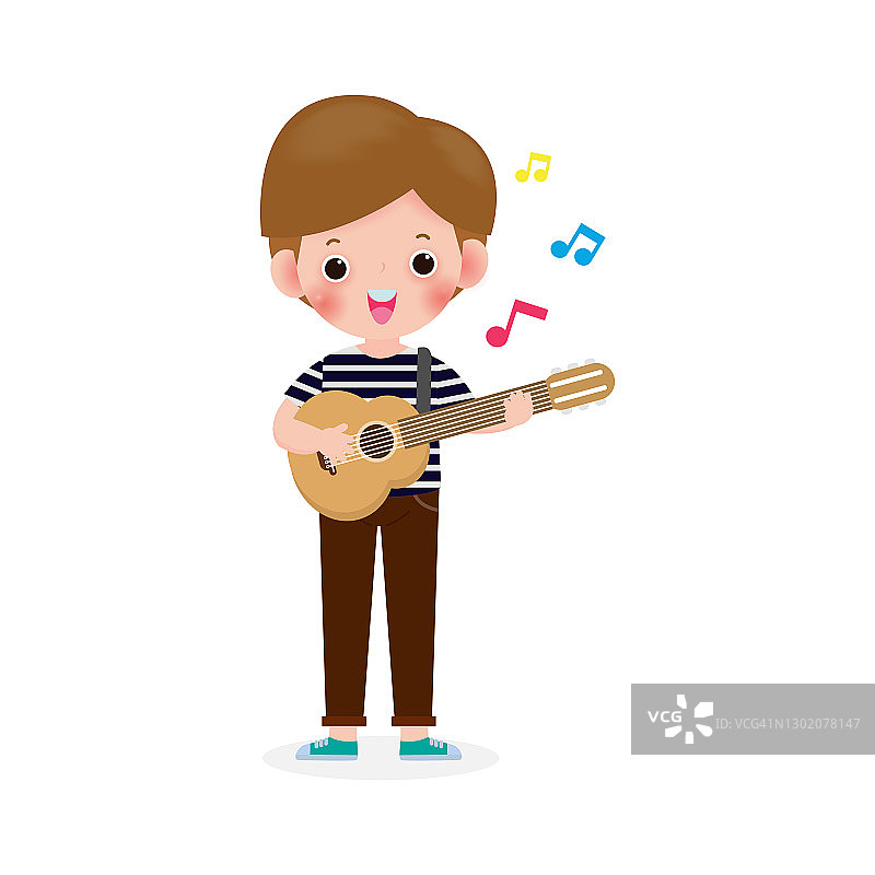 可爱的孩子弹吉他，快乐的孩子男孩弹吉他。音乐表演。孤立的矢量插图上的白色背景。在卡通平面风格图片素材