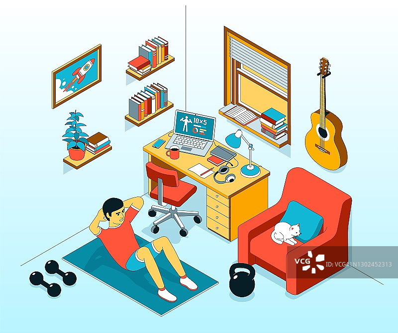 在家锻炼腹肌——在办公室里锻炼。在家锻炼。图片素材