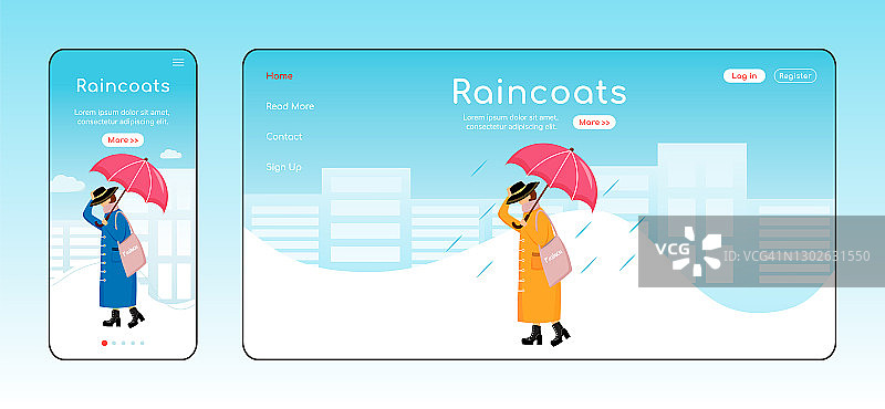 雨衣登陆页面平面颜色矢量模板。移动显示。Rainywear主页布局。时尚女人网站界面一页，卡通人物。下雨天网页横幅，网页图片素材