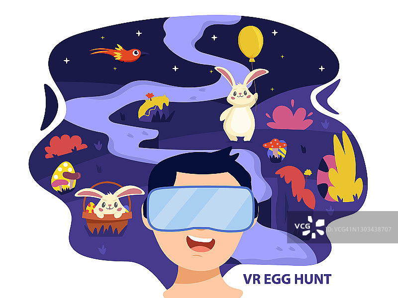 一名年轻人用VR头盔与复活节兔子一起玩寻彩蛋游戏。虚拟或增强现实眼镜技术。图片素材