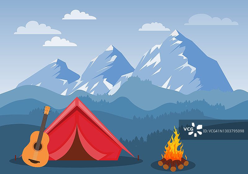 在山里露营。露营时用帐篷、吉他和篝火，以山景为背景。向量,卡通插图。向量。图片素材