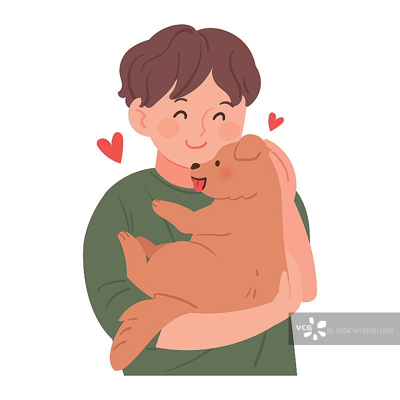 一个小男孩抱着一只小狗，脸上露出快乐的表情。图片素材