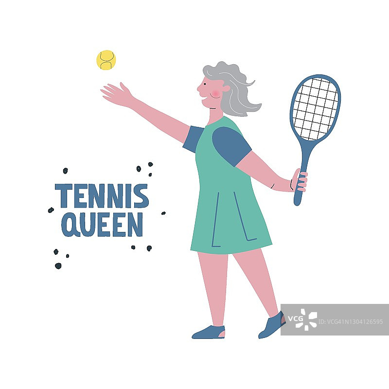 老年人的积极休闲。资深女子打网球，投球。刻字网球女王。概念向量插图可以用于横幅图片素材