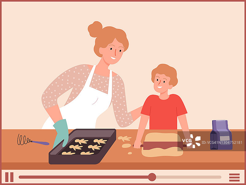 美食博客。母亲和儿子烹饪，视频关于烘焙过程。家庭烹饪，视频教程矢量插图图片素材