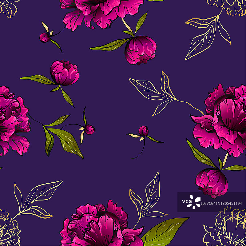 紫色无缝图案与牡丹花叶图片素材
