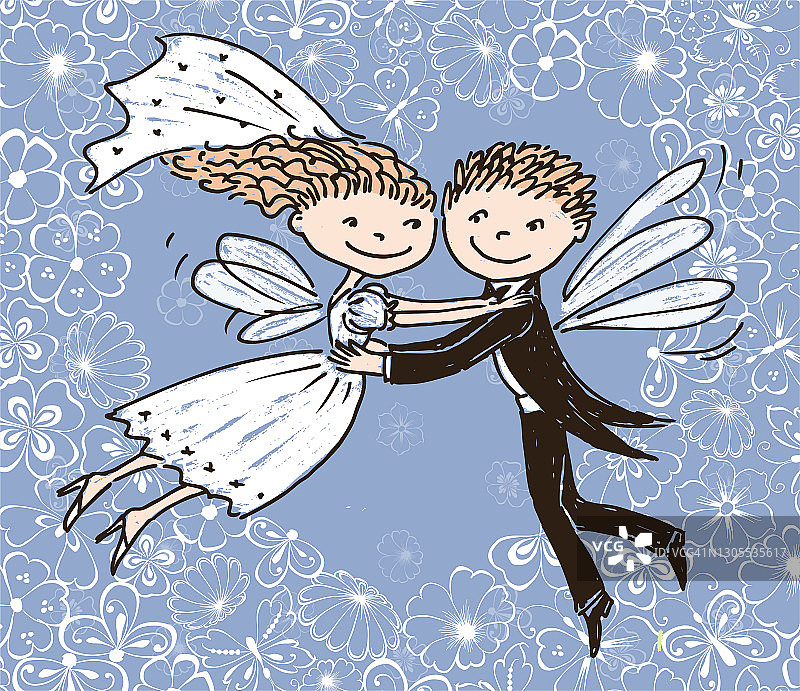 向量图像与飞行幸福的精灵新婚夫妇对蓝色的花卉背景图片素材