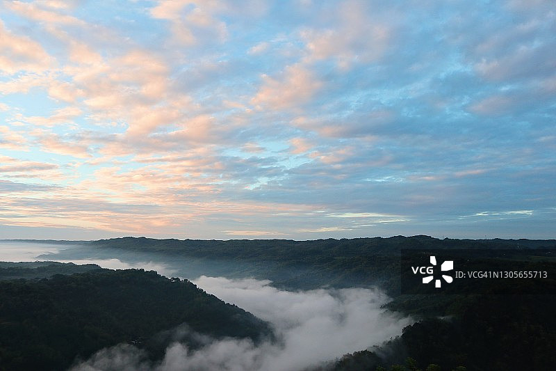 云雾笼罩的森林鸟瞰图图片素材