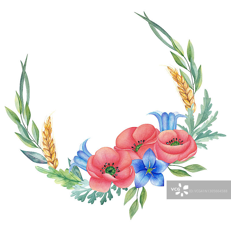手绘水彩花环红色的罂粟，风铃草，绿色的叶子和小麦的小穗。精致的花圆形框架与夏季野花。明信片，请柬，装饰的模板。图片素材