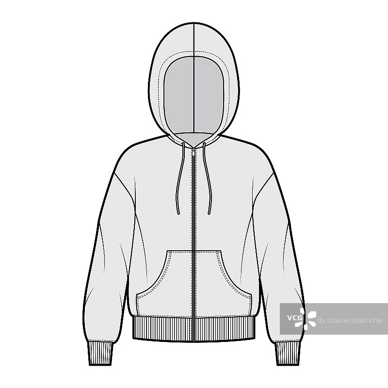 拉链卫衣运动衫技术时尚插图与长袖，超大，袋鼠袋，针织肋骨袖口，下摆图片素材