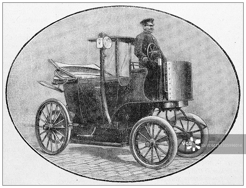 古董黑白照片:不同的汽车，手推车和马车的世界图片素材
