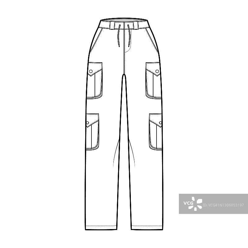 套工装裤技术时尚插图与正常腰围，高rise，口袋，皮带环，全长。平图片素材
