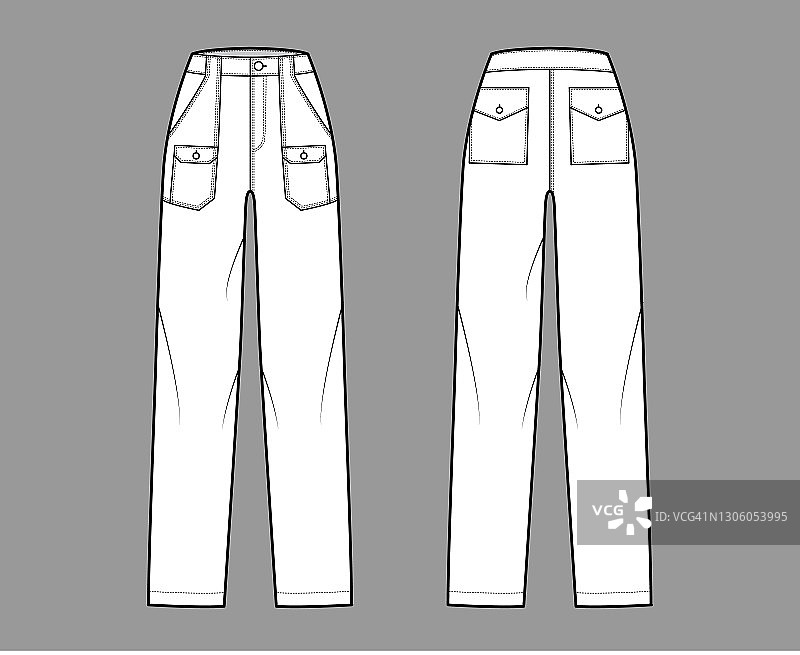 布什裤牛仔裤技术时尚插图与正常腰部，高层，补丁风箱货物口袋。平图片素材