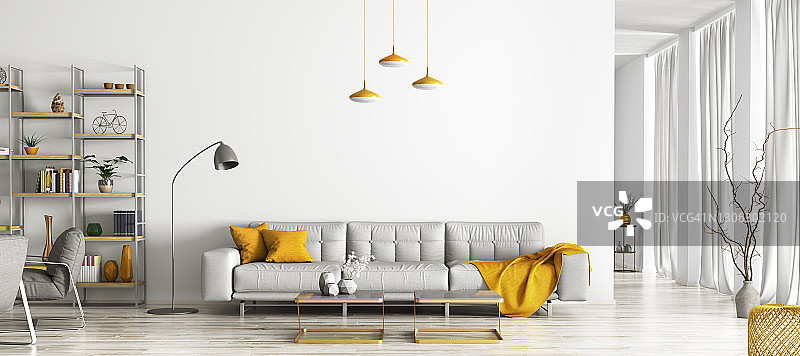 现代公寓室内设计。舒适的客厅，灰色的沙发，咖啡桌，书架和扶手椅。斯堪的纳维亚回家。三维渲染图片素材