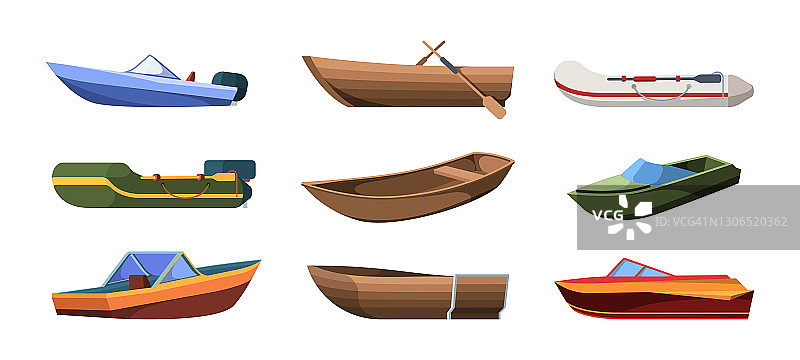 船的类型。木船为海洋或海运帆花哨载体运输为河流平面插图设置孤立图片素材