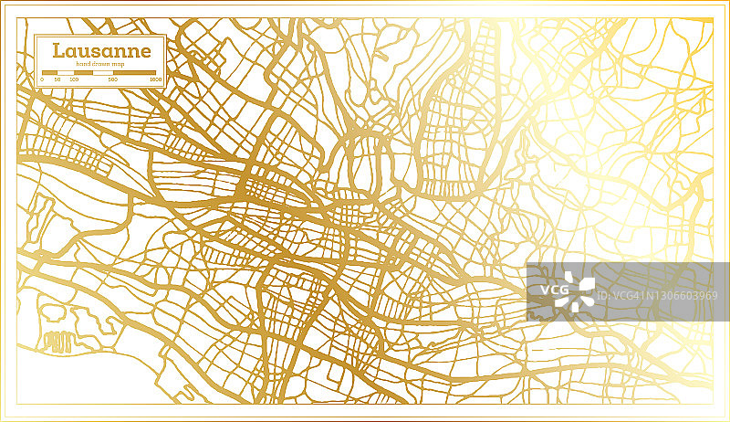 洛桑瑞士城市地图在复古风格在金色。略图。图片素材