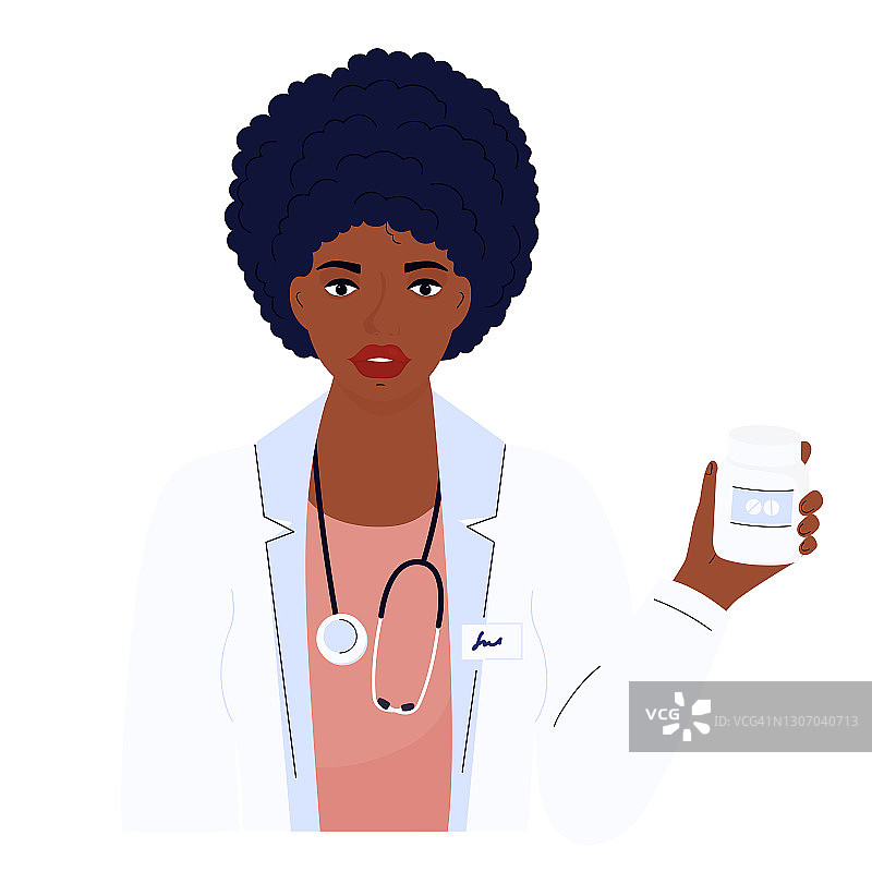 女医生。穿着白色长袍的非裔美国妇女。医院工作人员图片素材