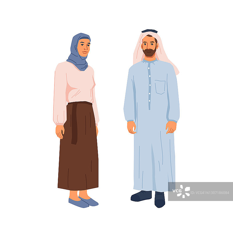幸福的穆斯林家庭，蓄着胡须的男人和女人在民族布孤立的卡通宗教人士。矢量中东夫妇，阿拉伯夫妇。父母都戴着头巾，沙特人图片素材