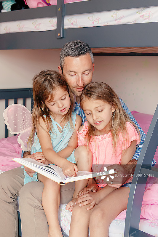 父亲的一天。爸爸给女儿们读书。一家三口坐在卧室的一张床上。快乐的父亲和孩子在家里共度时光。童年时代快乐的生活方式。图片素材
