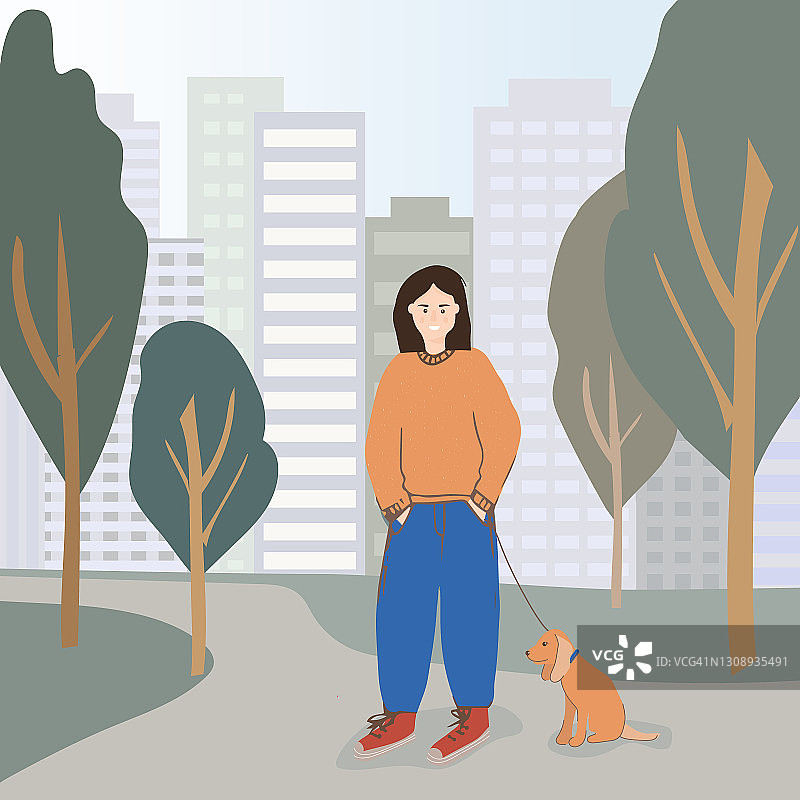 一位年轻女子在城市公园遛她心爱的狗。背景是大型的高层建筑。都市生活。矢量图图片素材