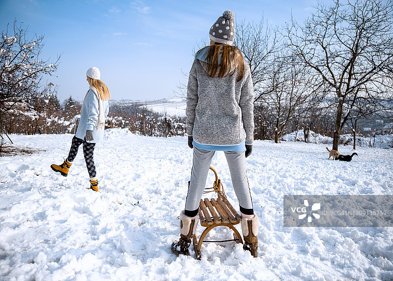 女孩们在雪地里拉着雪橇，在冬日里一起玩耍图片素材