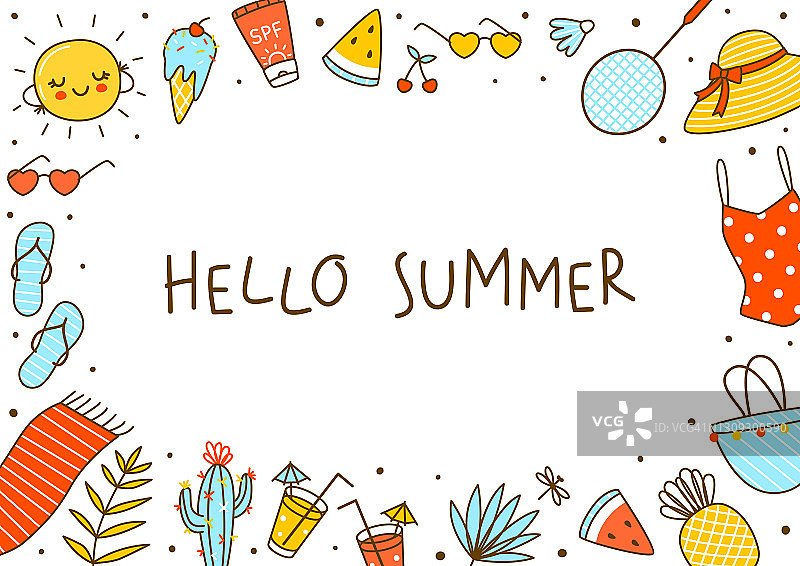 水平框背景与可爱的夏季项目孤立在白色-卡通对象快乐的海滩设计-泳衣，帽子，拖鞋，太阳镜，包，海滩毛巾，太阳，防晒霜，冰淇淋，鸡尾酒，羽毛球拍，羽毛球，水果，柠檬水图片素材