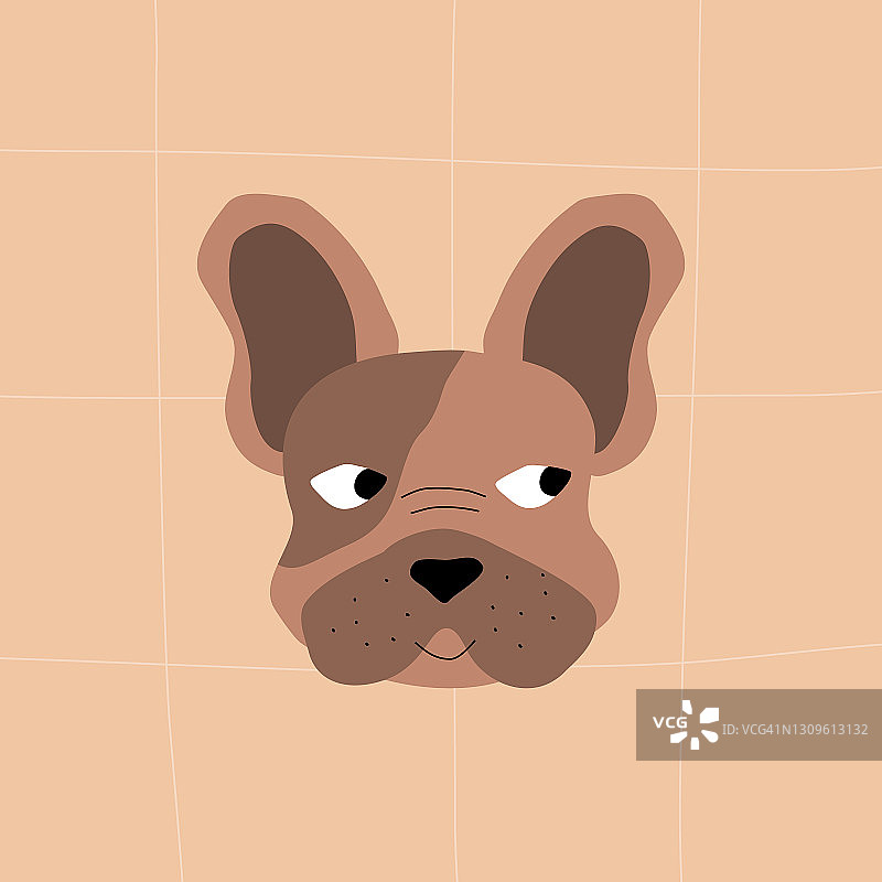 可爱的棕色法国斗牛犬。卡通狗头。纯种狗矢量插图。图片素材