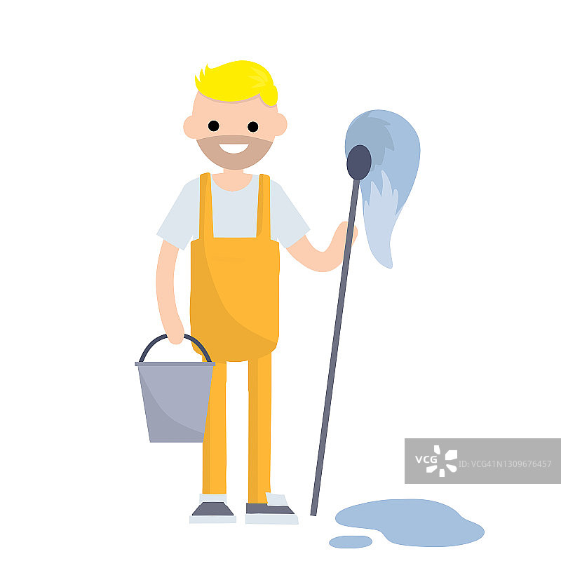 身穿橙色连身衣的矢量清洁工。卡通平面插图图片素材