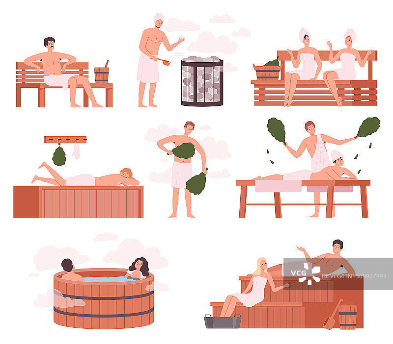 在桑拿放松。养生温泉公共娱乐活动，沐浴人矢量插图图片素材