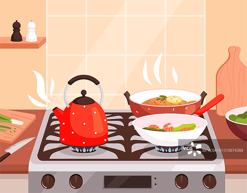 厨房做饭。在平底锅上在煤气炉上燃烧和蒸出美味佳肴，如今矢量卡通背景插图图片素材