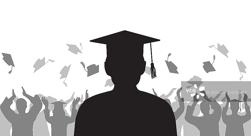欢快的人群在扔学士帽的背景上剪影毕业生。毕业典礼。矢量插图。图片素材