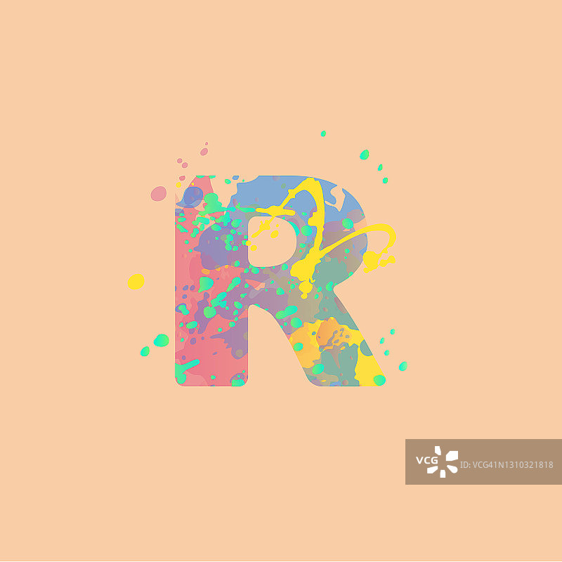 字母R，带有粉红色、黄色、蓝色、绿松石色的混合斑点，以桃色为背景图片素材