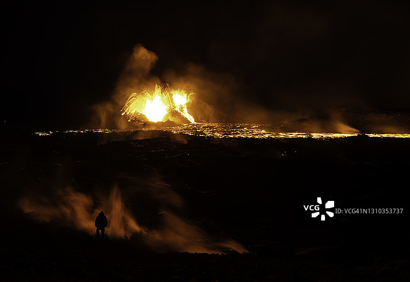 冰岛雷克雅内斯半岛的格尔丁达卢尔火山爆发。一个人的剪影可以看到站在靠近炽热的熔岩在前景。图片素材