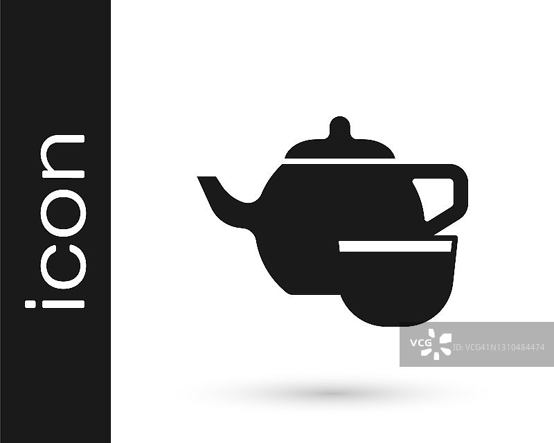 黑色的中国传统茶道图标孤立在白色的背景上。茶壶和杯子。向量图片素材