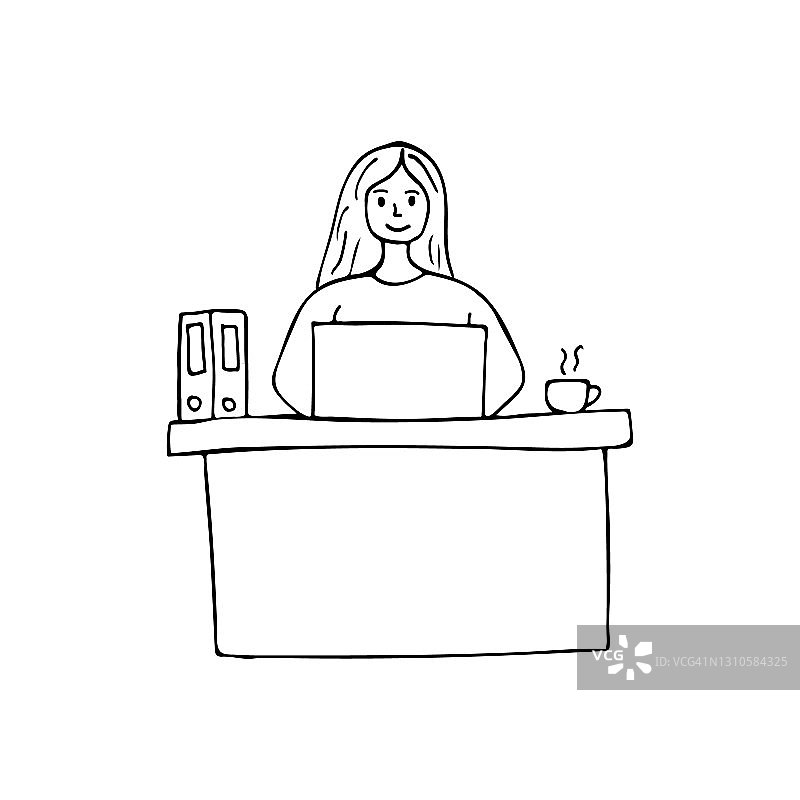 手绘的女人在电脑上工作在办公室。涂鸦办公室的工作理念，女人坐在电脑前。小女孩在电脑上工作图片素材