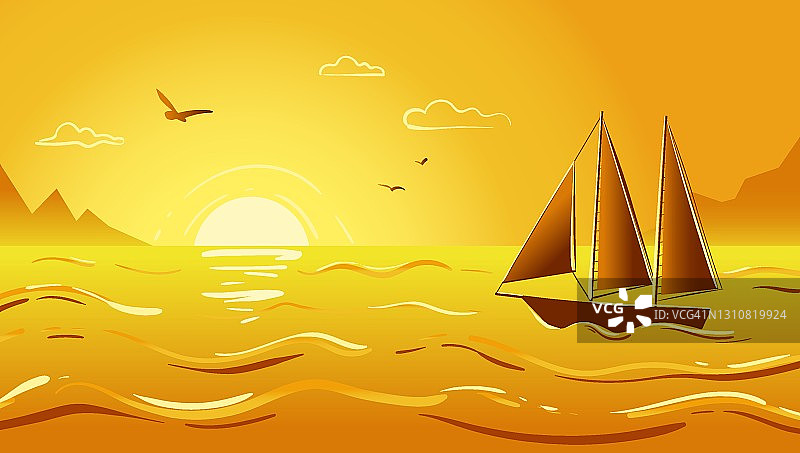 傍晚的海景，有帆船，海浪，夕阳和海鸥图片素材