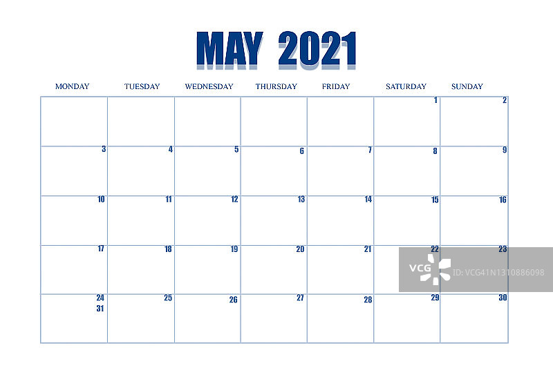 活动策划2021年5月。日历页上的白色孤立背景。一个月的日期和星期，用于提醒，业务计划，会议和事件图片素材