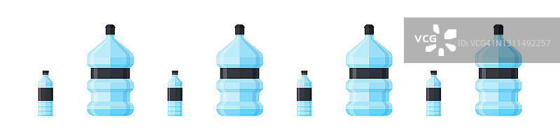 瓶子的图标。卡通塑料瓶水。健康液体空白容器，天然湿，新鲜水饮用。矢量图图片素材
