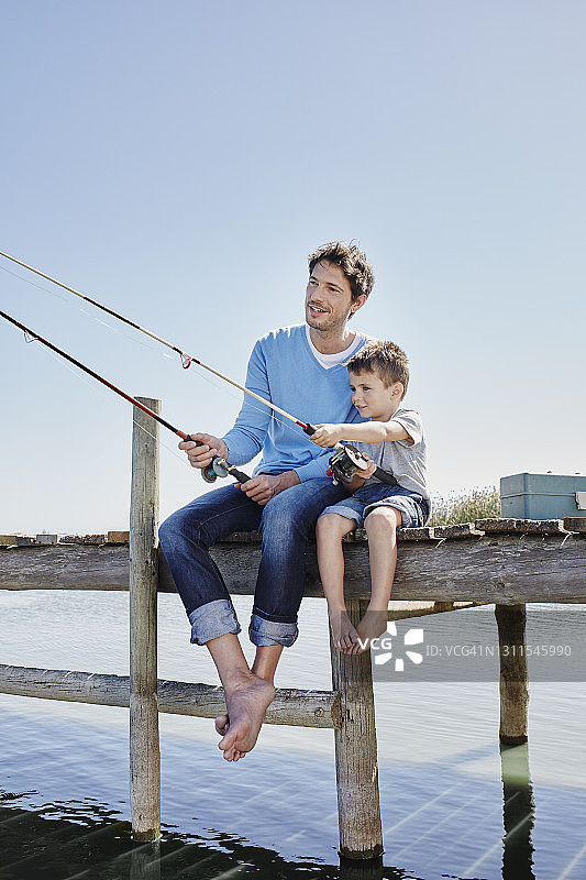 成熟的男人和男孩坐在码头上拿着鱼竿图片素材