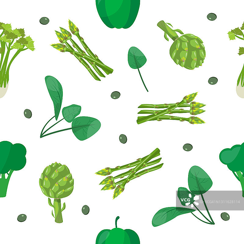 绿色蔬菜。洋蓟、菠菜、胡椒、芹菜、花椰菜。无缝模式。夏天的时间图片素材