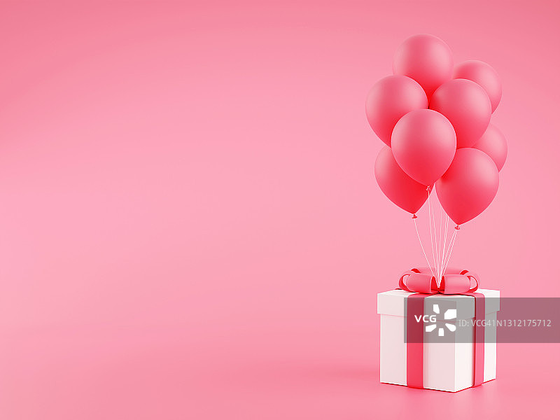 气球礼品盒3d渲染插图-礼品包装与一束飞行的气球在粉红色的粉彩背景。图片素材