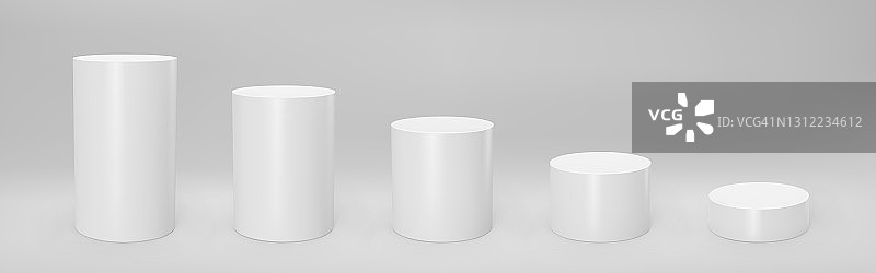 白色3d圆柱体正面视图和水平与透视孤立在灰色背景。圆柱支柱，空博物馆舞台，基座或产品平台。三维基本几何形状矢量插图图片素材
