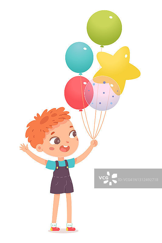 生日快乐，男孩在派对上用气球庆祝。可爱的孩子手持装饰矢量插图。一个小孩微笑着，孤立地站在白色的背景上图片素材