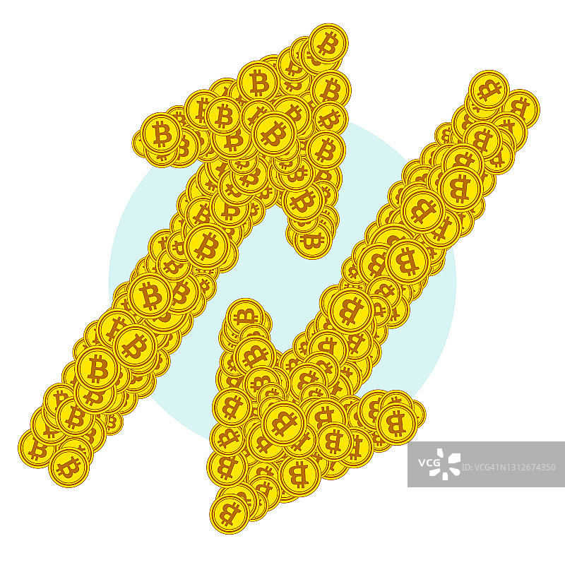 两个向上和向下的箭头，由虚拟加密货币比特币的金币组成。货币的增减标志。交易趋势上升或下降。价值的多向移动图片素材