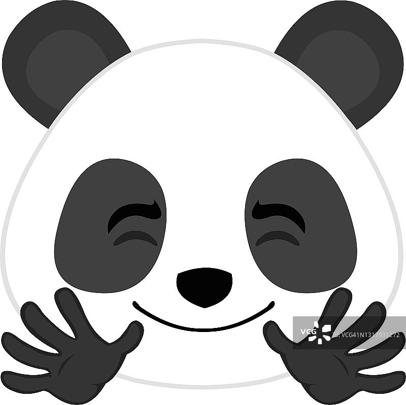 矢量表情插图卡通熊猫的头与一个愉快的表情微笑，张开嘴和闭上眼睛，显示双手图片素材