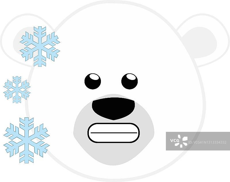 矢量emoticon插图卡通北极熊的头与冻结的表情，与磨牙和雪花飘落在他周围图片素材