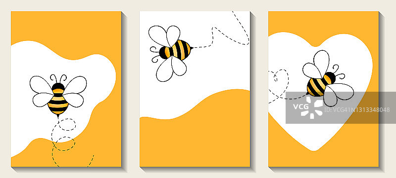 网页横幅与绘制的卡通蜜蜂吉祥物。乱伦的概念设计。蜜蜂沿着虚线飞行。黄蜂集合。当代海报的现代收藏。矢量插图的社会媒体，打印图片素材