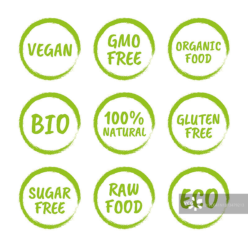有机产品图标，天然食品标签，素食者的健康标签图片素材