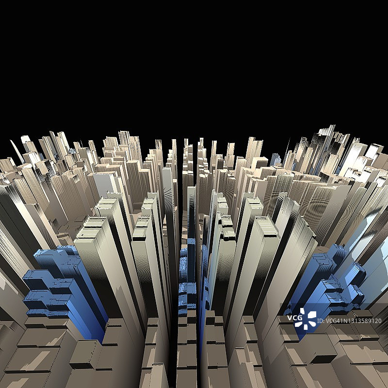 白色，银色和蓝色的新城市在一个黑色的背景，3d设计递减的视角消失点图片素材